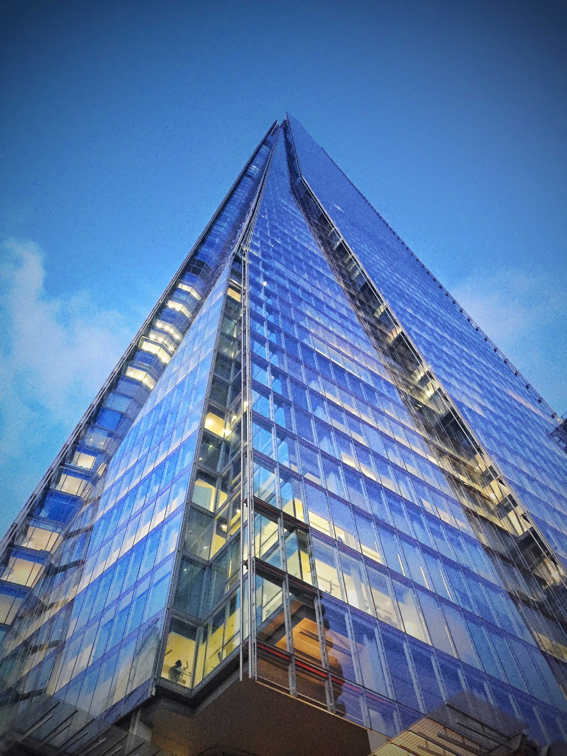 Low-angle view of The Shard skyscraper.