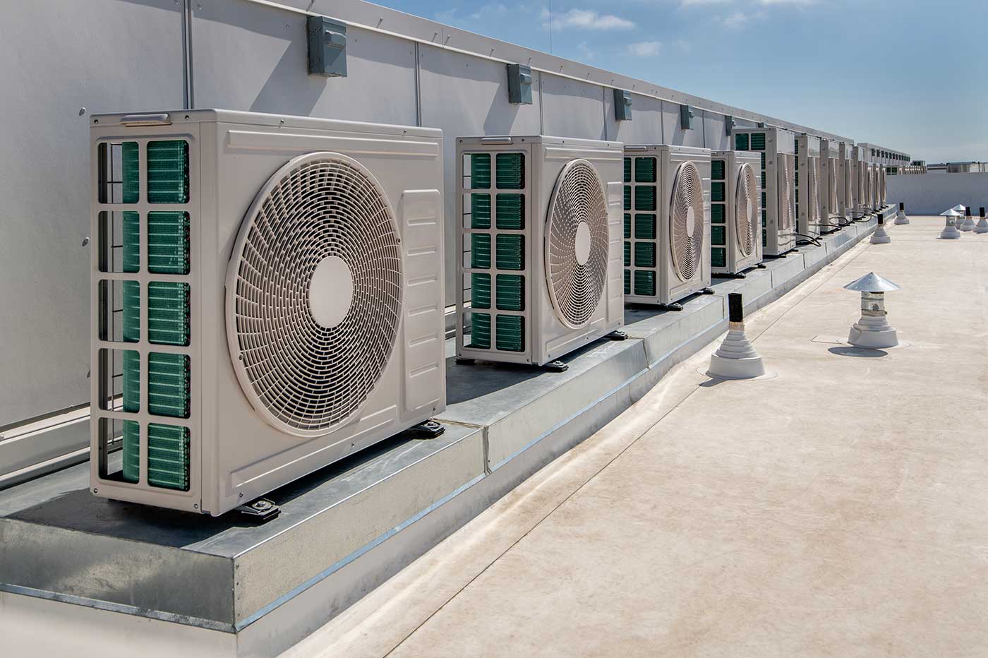 Row of outdoor HVAC condenser